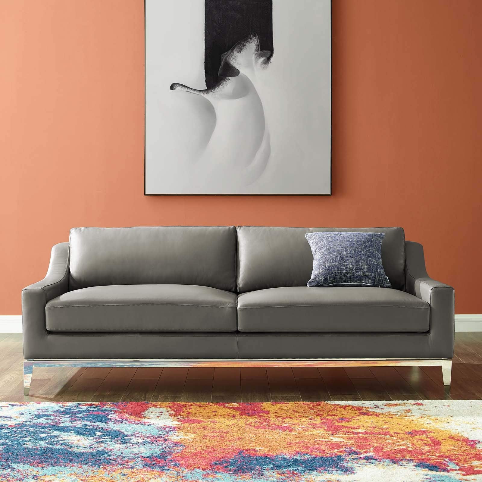 Modway Harness 83.5" Leather Sofa In Gray With Stainless Steel Base